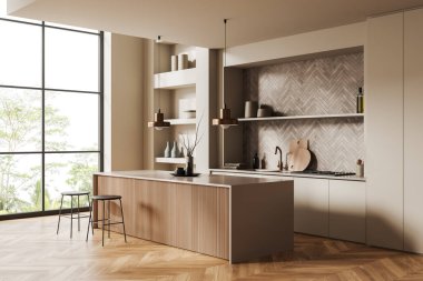 Beige kitchen interior with bar island and stool on hardwood floor, side view. Shelf with minimalist decoration and panoramic window on tropics. 3D rendering