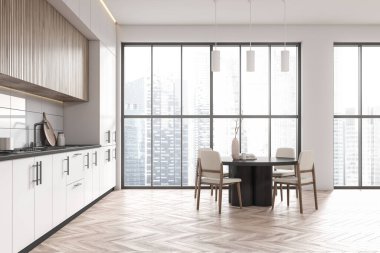 Modern kitchen interior with dining table and chairs, hardwood floor. Cooking area with shelves and kitchenware, panoramic window on skyscrapers. 3D rendering