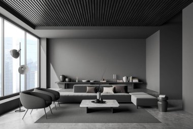Dark living room interior with sofa and armchairs with art decoration, carpet on grey concrete floor. Panoramic window on skyscrapers. Mockup copy space empty wall. 3D rendering