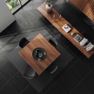 Top view of dark living room interior with dining table and chairs, carpet on black tile floor. Drawer with decoration and panoramic window on tropics. 3D rendering