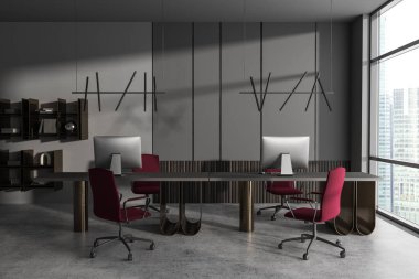 Dark office interior with work desk and shelf with decoration, grey concrete floor. Consulting area with pc computer, panoramic window on skyscrapers. 3D rendering