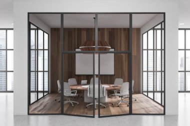 Front view on bright office room interior with armchair, poster, conference board, panoramic window, concrete floor, glass partition, white wall. Concept of company, firm, meeting space. 3d rendering