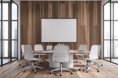 Front view on bright office room interior with empty white poster, armchairs, conference board, panoramic window, hardwood floor, wooden wall. Concept of company, meeting space. Mock up. 3d rendering