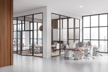 White business room interior with armchairs and desk with pc computers, side view panoramic windows on city view. Conference room with board behind glass cube. 3D rendering