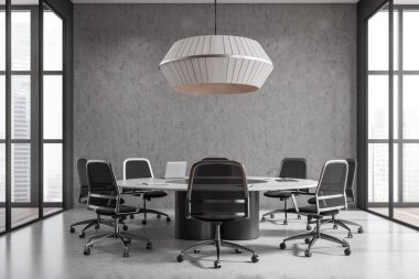 Front view on dark office room interior with armchairs, conference board, panoramic window, concrete floor, lamp, partition, concrete wall. Concept of company, firm, meeting space. 3d rendering