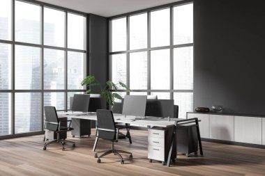 Corner view on dark office room interior with computers, desks, armchairs, panoramic window with skyscraper view, oak wooden floor. Concept of company, firm, meeting space. 3d rendering
