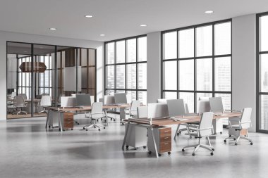Corner view on bright office room interior with computers, desks, armchairs, meeting board, panoramic window, glass partition, concrete floor. Concept of company, firm, meeting space. 3d rendering