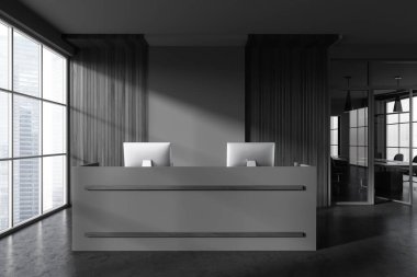 Dark office room interior with reception desk and computers, business hall in company. Conference space and panoramic window on Singapore city view. 3D rendering