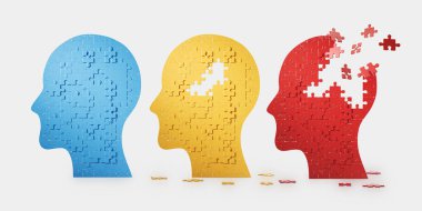 Three colorful human head profiles in row, jigsaw puzzle falling apart on white background. Concept of brain disease and illness progress. 3D rendering