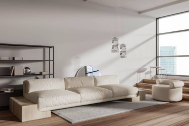 White living room interior with sofa and armchair, side view on carpet hardwood floor. Shelf with art decoration and panoramic window on skyscrapers. 3D rendering