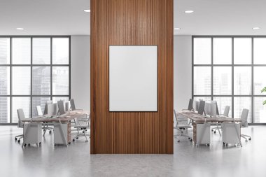 Modern coworking interior with pc computer on desk and armchairs. Office work zone with panoramic window on skyscrapers. Mockup canvas poster. 3D rendering