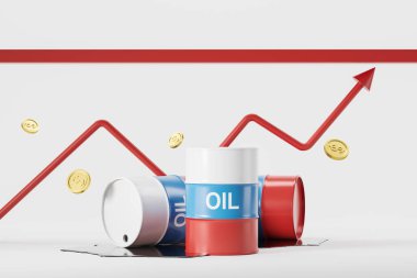 Russian flag oil barrels and rising red graph line with falling money. Concept of sanctions and price ceiling. 3D rendering