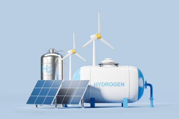Hydrogen Gas Station Solar Wind Power Blue Background Windmills Sun — Zdjęcie stockowe