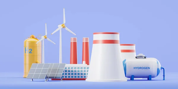 Eco power plant station, hydrogen gas with solar and wind power, blue background. Concept of ecological sources and safe energy. 3D rendering