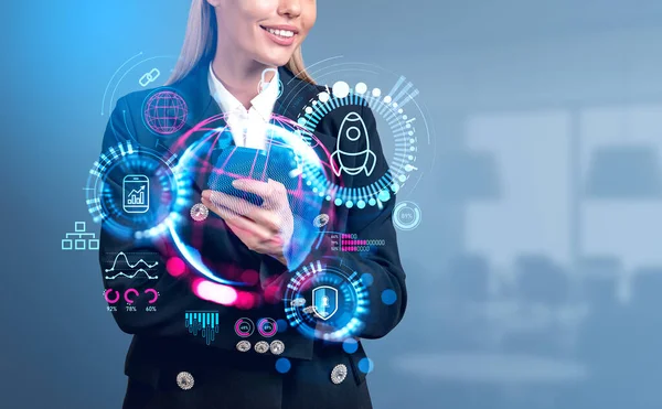 Businesswoman smiling with phone in hand. Earth globe with worldwide connection hologram hud, rocket launch and digital marketing icons hud. Concept of mobile app