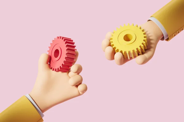 Two Cartoon Hands Gears Matching Pieces Together Pink Background Concept — Stockfoto