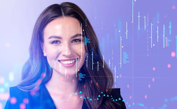 Happy Businesswoman Portrait Double Exposure Stock Market Dynamics Hud Forex — Stockfoto