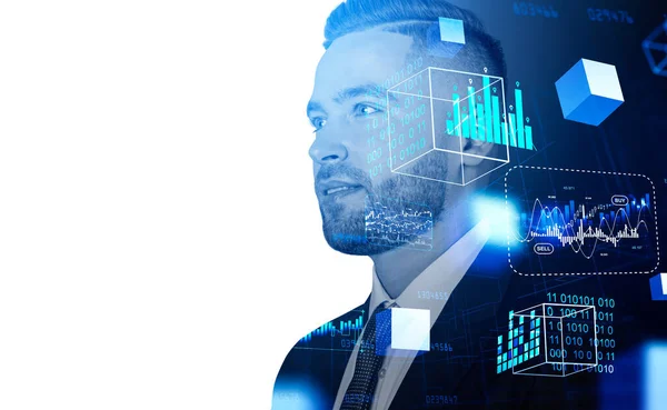 Businessman Portrait Silhouette Forex Diagrams Data Blocks Binary Concept Blockchain — Stock Fotó