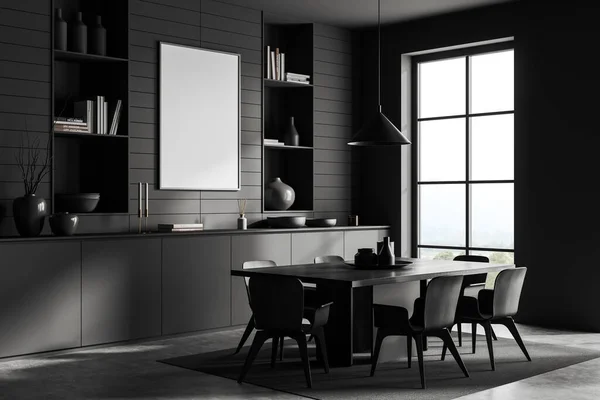 Dark Dining Room Interior Seats Table Carpet Side View Grey — 스톡 사진