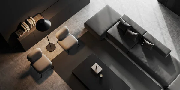 Top View Dark Living Room Interior Sofa Armchair Coffee Table — Zdjęcie stockowe