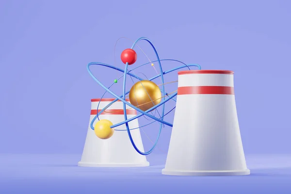 白色和红色核电厂 蓝色背景上有五颜六色的原子 能源和科学的概念 3D渲染 — 图库照片