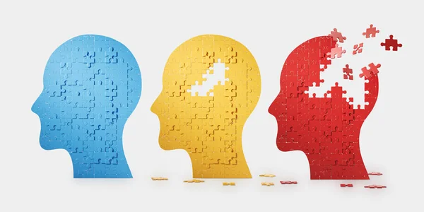 Three Colorful Human Head Profiles Row Jigsaw Puzzle Falling Apart — Photo