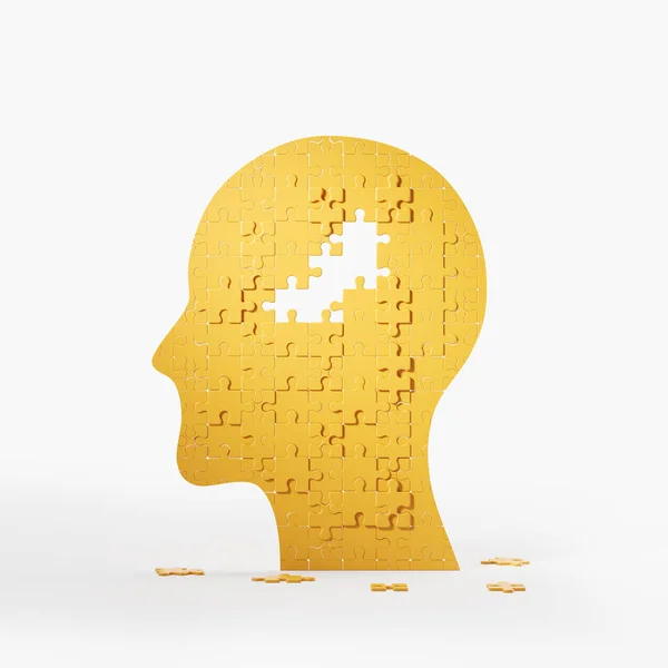 Yellow Human Head Profile Jigsaw Puzzle Pieces Falling Apart White — Zdjęcie stockowe