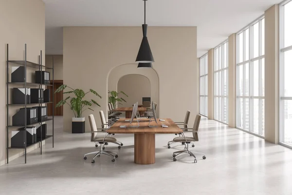 Beige Office Interior Desktop Table Meeting Area Light Concrete Floor — Stock Photo, Image