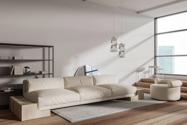White Living Room Interior Sofa Armchair Side View Carpet Hardwood — Fotografia de Stock