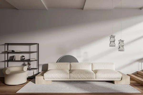 White Relaxing Room Interior Sofa Shelf Art Decoration Armchair Carpet —  Fotos de Stock