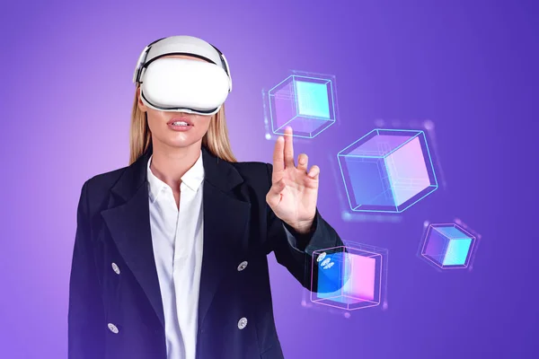 Businesswoman Wearing Headset Watching Metaverse Reality Blockchain System Purple Background — Zdjęcie stockowe