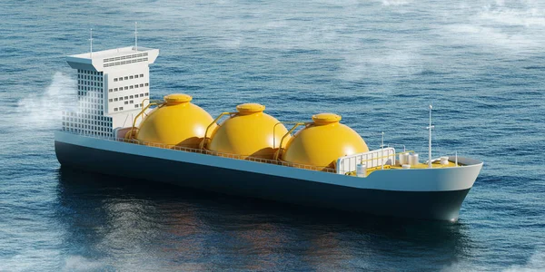 Gas tanker sailing in ocean water, side view three yellow gas tanks. Concept of shipping of LNG. 3D rendering