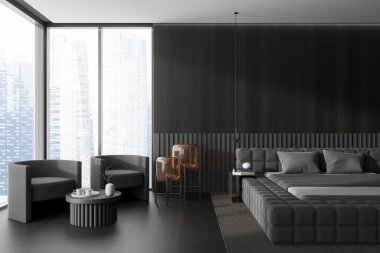 Front view on dark bedroom interior with bed, bedsides, armchair, panoramic window, carpet, hardwood floor, wooden wall. Concept of minimalist design. Space for chill and relaxation. 3d rendering