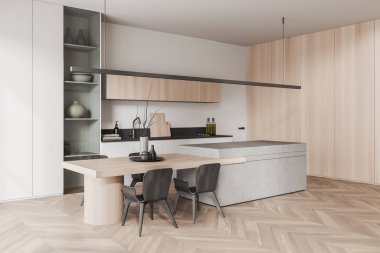 Corner view on bright kitchen room interior with dining table, armchairs, white wall, oak wooden hardwood floor, cupboard, island. Concept of minimalist design. 3d rendering