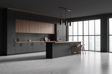 Corner view on dark kitchen room interior with island, barstools, panoramic window, grey wall, concrete floor, cupboard. Concept of minimalist design. 3d rendering