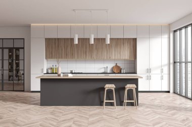 Front view on bright kitchen room interior with island, barstools, panoramic window, white wall, glass door, oak wooden hardwood floor, cupboard. Concept of minimalist design. 3d rendering