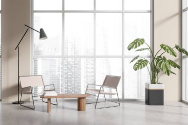 Front view on bright office room interior with armchairs, white wall, coffee table, concrete floor, lamp, houseplant. Concept of minimalist design. Place for meeting. 3d rendering