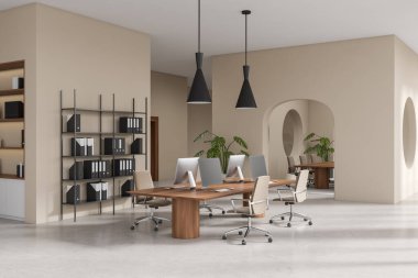 Corner view on bright office room interior with computers, desks, armchairs, shelves with folders, concrete floor. Concept of company, firm, meeting space. 3d rendering