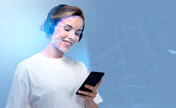 Smiling Businesswoman Wearing Headphones Typing Smartphone Facial Recognition Digital Interface — Stok fotoğraf