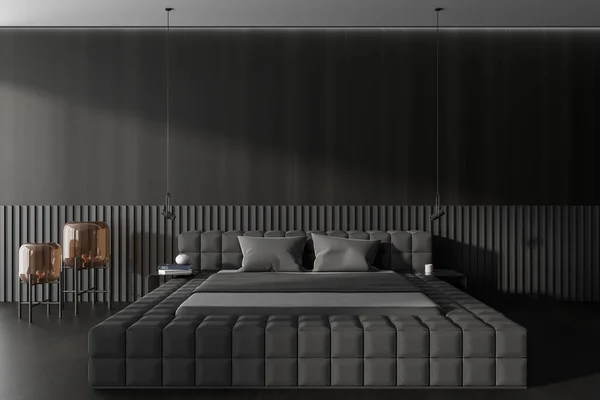 Front View Dark Bedroom Interior Bed Bedsides Carpet Oak Hardwood — Stok fotoğraf