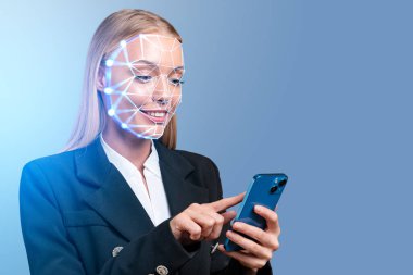 Smiling businesswoman finger touch phone, biometric verification and facial recognition. Concept of face id and artificial intelligence