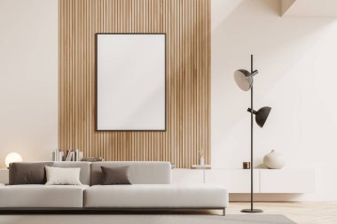 Beige living room interior with sofa and drawer with art decoration, carpet on hardwood floor. Mock up canvas poster on wooden wall. 3D rendering