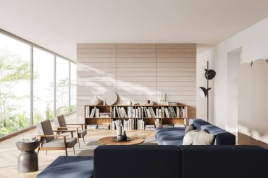 Beige living room interior with sofa, armchairs and coffee table on carpet, hardwood floor. Shelf with books and panoramic window on tropics. 3D rendering