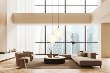 Beige living room interior with sofa, armchairs and coffee table on carpet, hardwood floor. Drawer with decoration and panoramic window on skyscrapers. 3D rendering