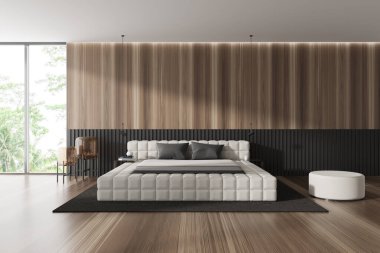 Light bedroom interior with bed and pouf on hardwood floor. Nightstand with decoration and lamp, panoramic window on tropics. 3D rendering