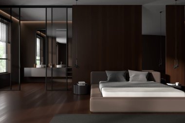 Wooden hotel studio interior with bed and glass partition, double sink with accessories near panoramic window on tropics. 3D rendering