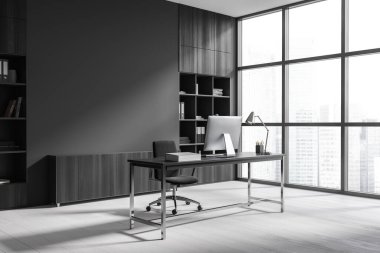 Corner view on dark office room interior with desktop, desk, armchair, panoramic window with city view, oak wooden floor, sideboard. Concept of company, firm, director workspace. 3d rendering