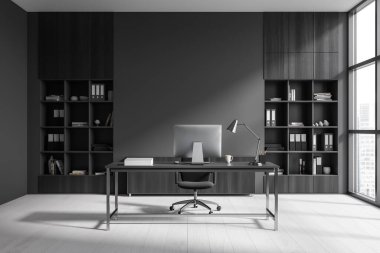 Dark ceo room interior with pc computer on work desk, white hardwood floor. Cabinet with documents and decoration, panoramic window on skyscrapers. Mockup empty wall. 3D rendering