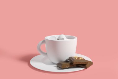 Coffee cup with marshmallows and chocolate bars on a plate, empty pink background. Concept of drink and coffee. Mock up copy space. 3D rendering