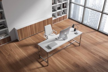 Top view of white ceo interior with pc desktop, cabinet on hardwood floor. Ceo corner with desk and documents, panoramic window on skyscrapers. 3D rendering